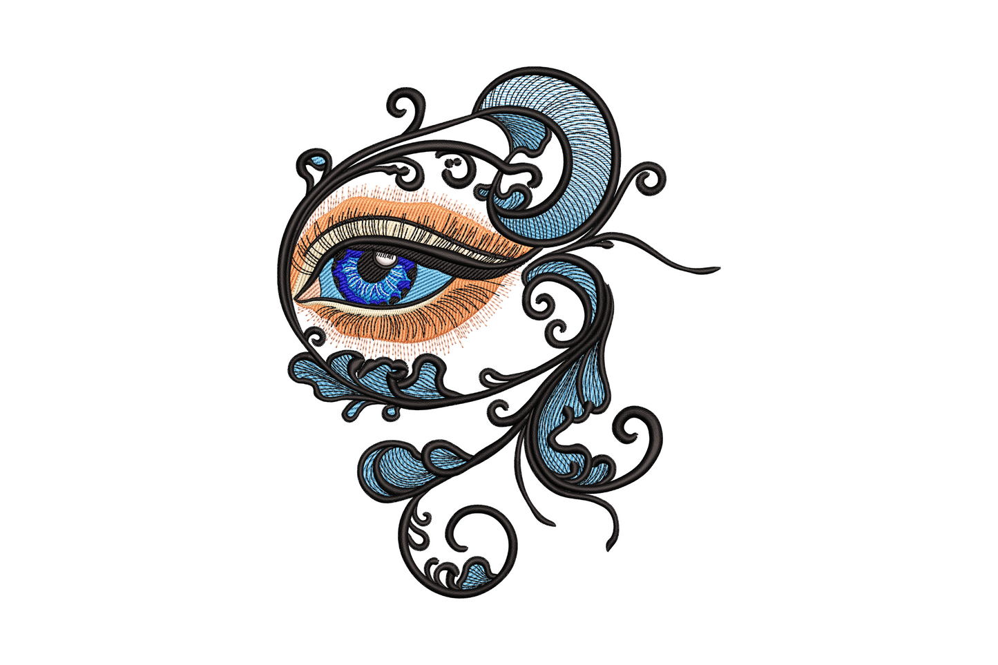 Elegant eye embroidery design with deep blue iris, peach skin tones and dramatic black baroque scrollwork spiralling from the lower lashes.