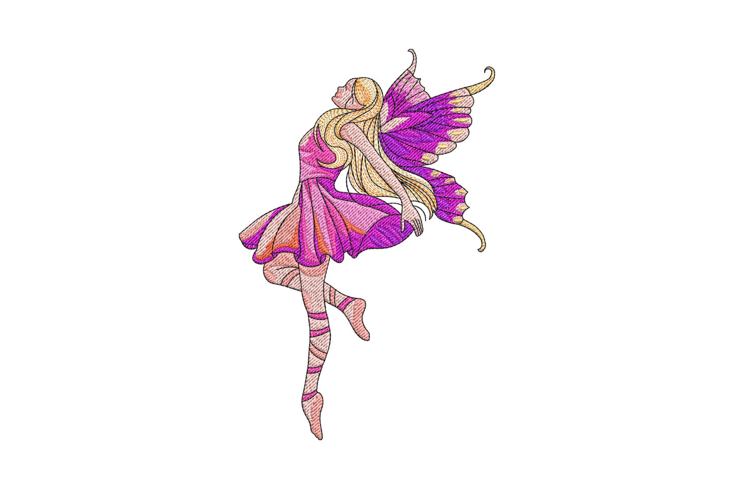 Elegant fairy ballerina embroidery design, dancer en pointe with purple butterfly wings and layered pink skirt, 10 colors