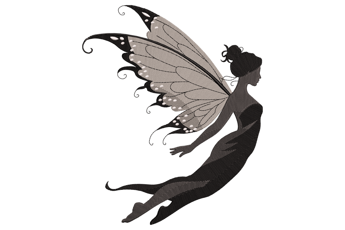 Elegant fairy silhouette embroidery design flying sideways with lace-detail wings, reaching pose and flowing dress, in grey and black.