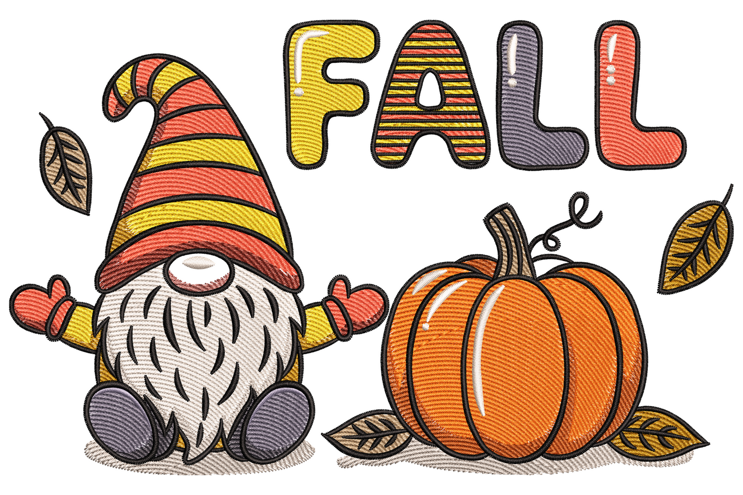 Striped-hat fall gnome waving beside orange pumpkin with FALL block lettering and autumn leaves embroidery design