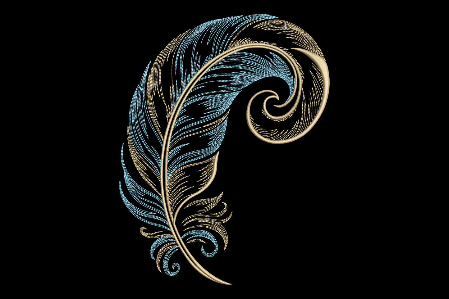 Decorative feather design in blue and gold embroidery design