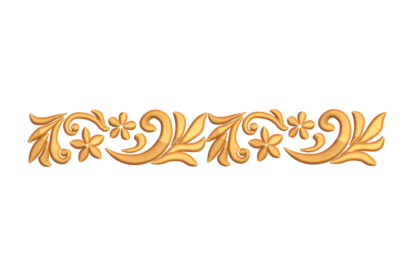 Elegant floral border with mirror-symmetric gold scrollwork, curling leaves, 5-petal flowers and dot accents.