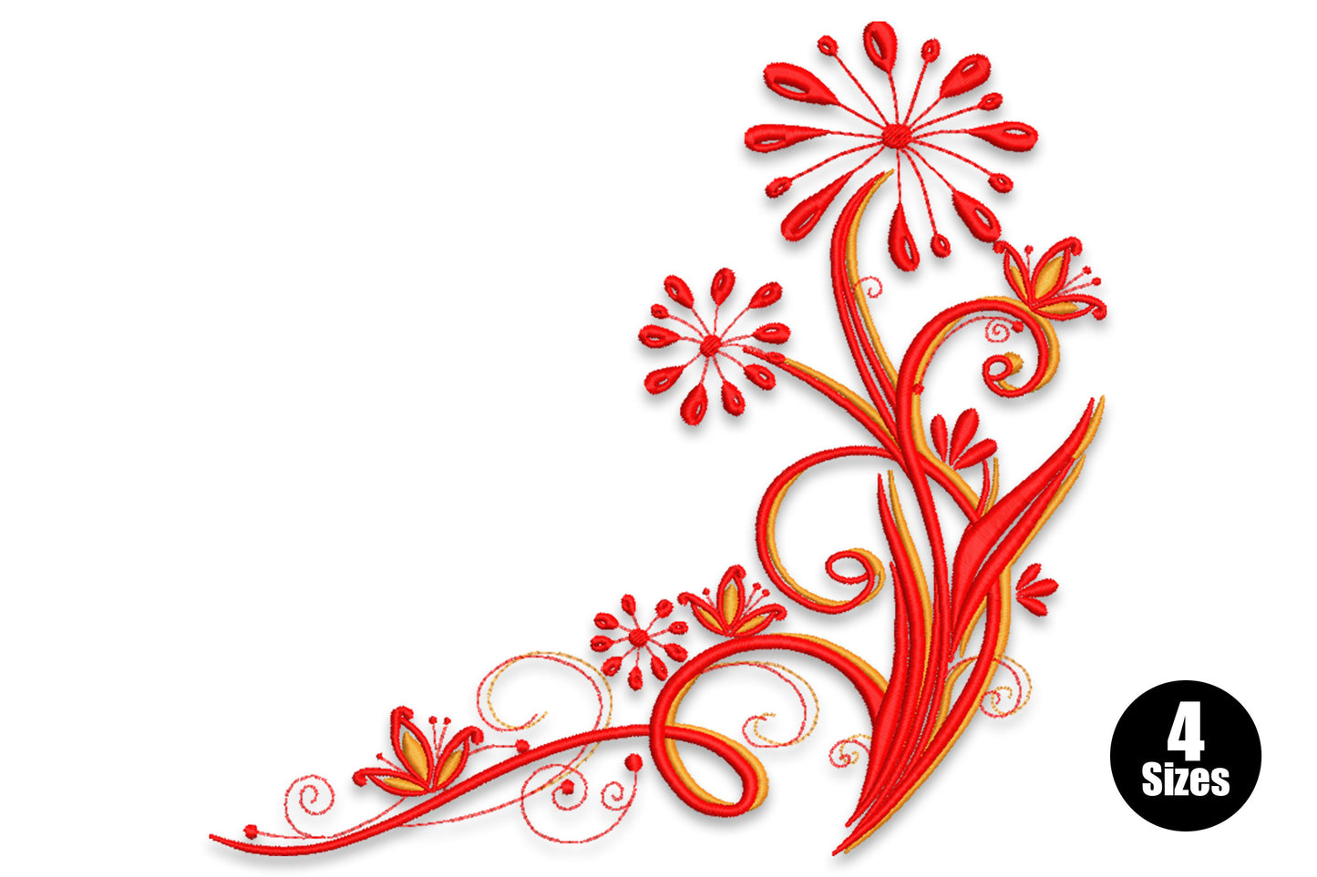 Elegant floral corner embroidery design with bold red satin stems, dandelion flower heads, orange accent buds and scroll tendrils sweeping diagonally.