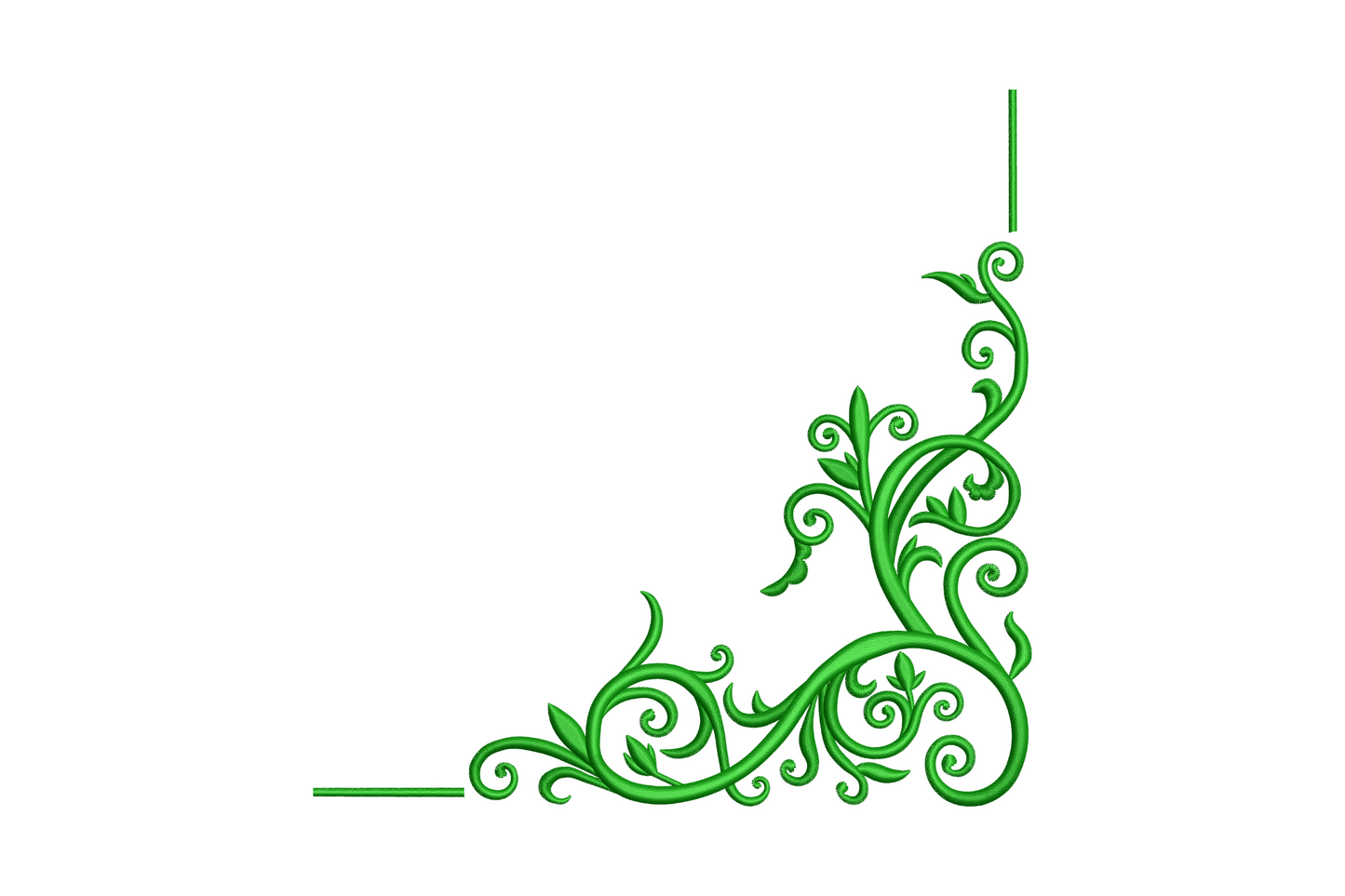 Elegant floral corner frame embroidery design, dark green scrolling tendrils and leaf sprigs in upright L-shape
