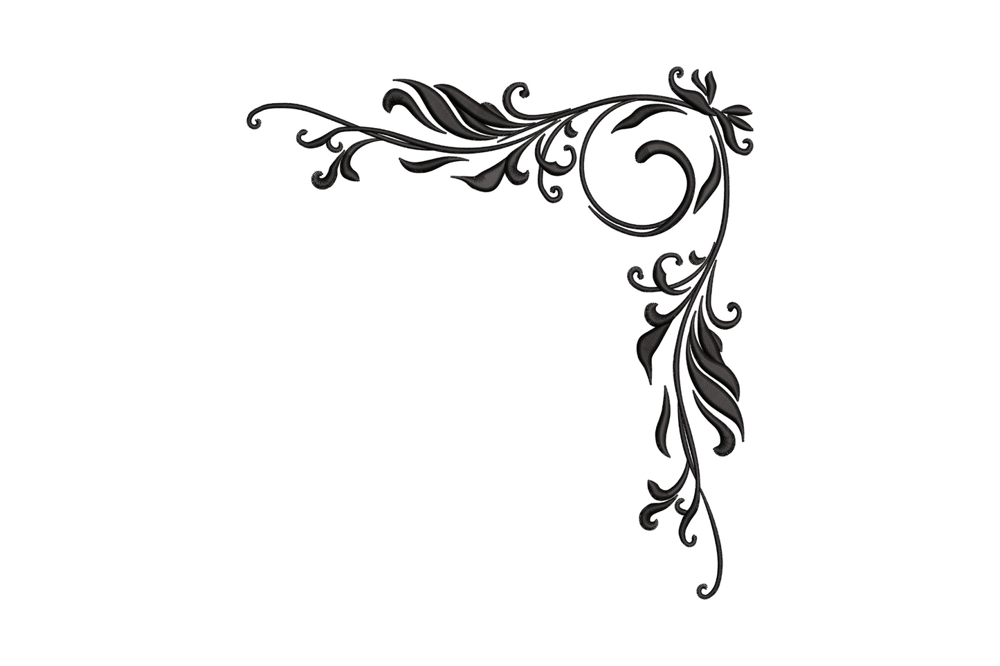 Floral corner vine embroidery design, black L-shape with circular swirl pivot and feathered leaf clusters