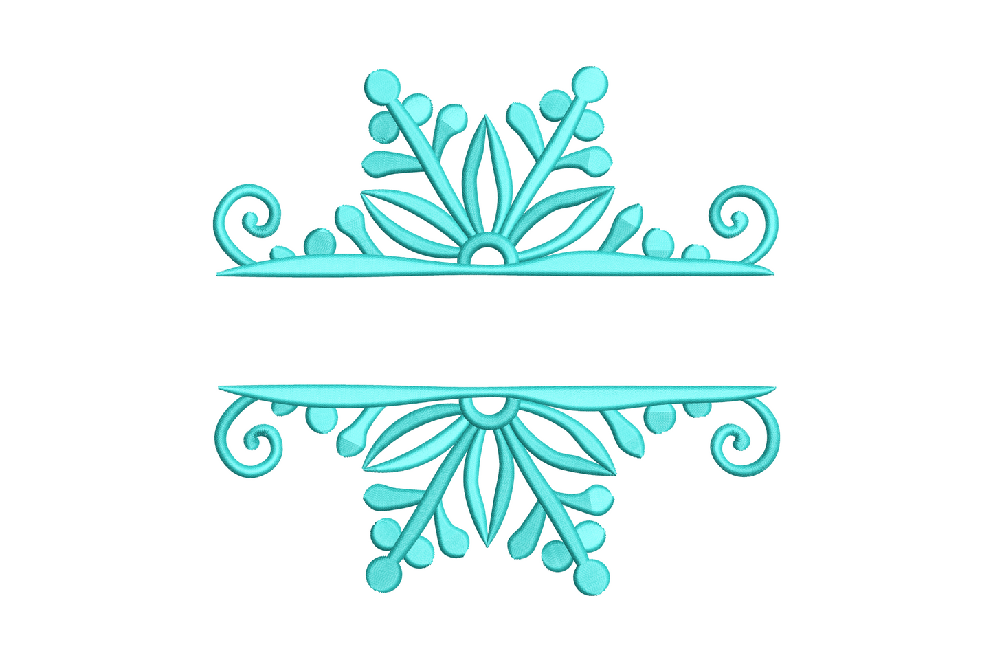 Aqua mint floral split monogram divider embroidery with leaf scrolls and centre petal medallion for custom name.