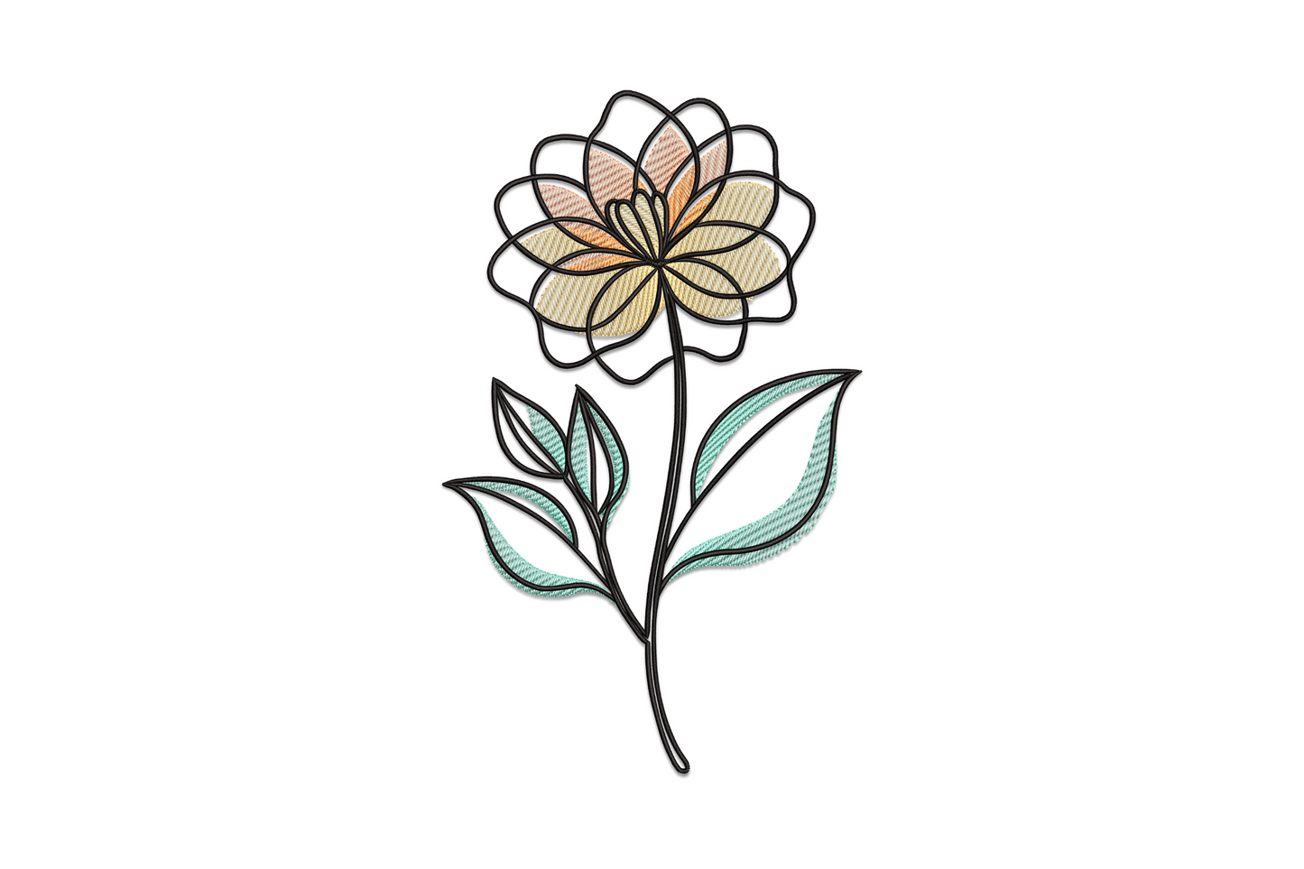 Elegant floral line art embroidery design, single dahlia bloom on curved stem with two leaves, dark outlines, peach and mint fills.