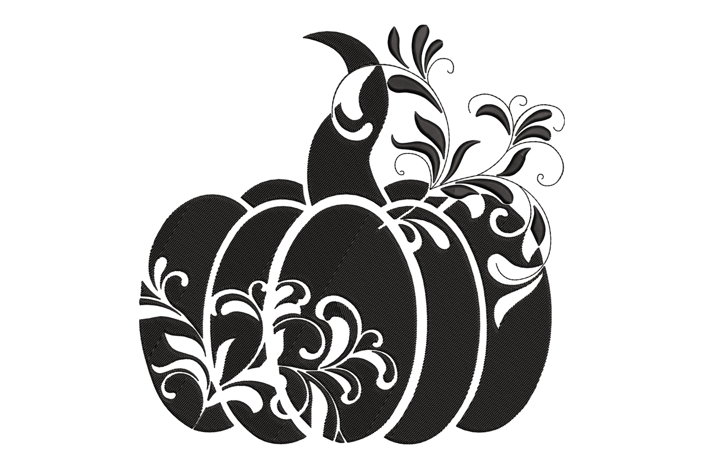 Black pumpkin silhouette with botanical floral scrollwork and vine detail filling the interior panels, elegant fall embroidery design