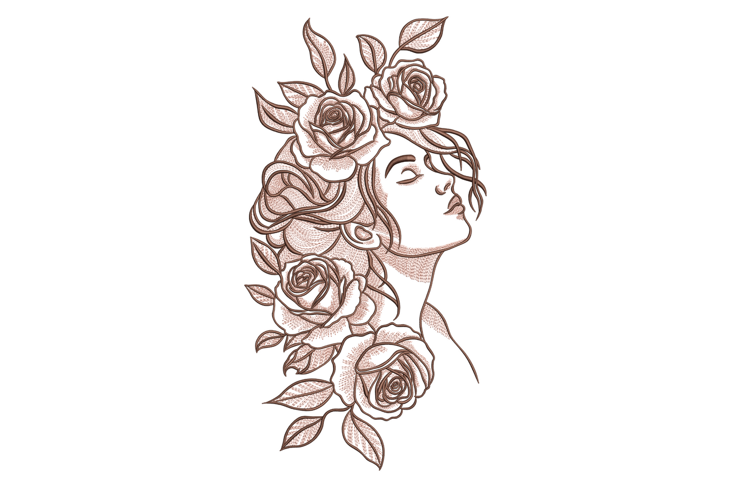 Elegant floral woman face embroidery in rose-brown linework, side portrait with large roses woven through flowing hair.