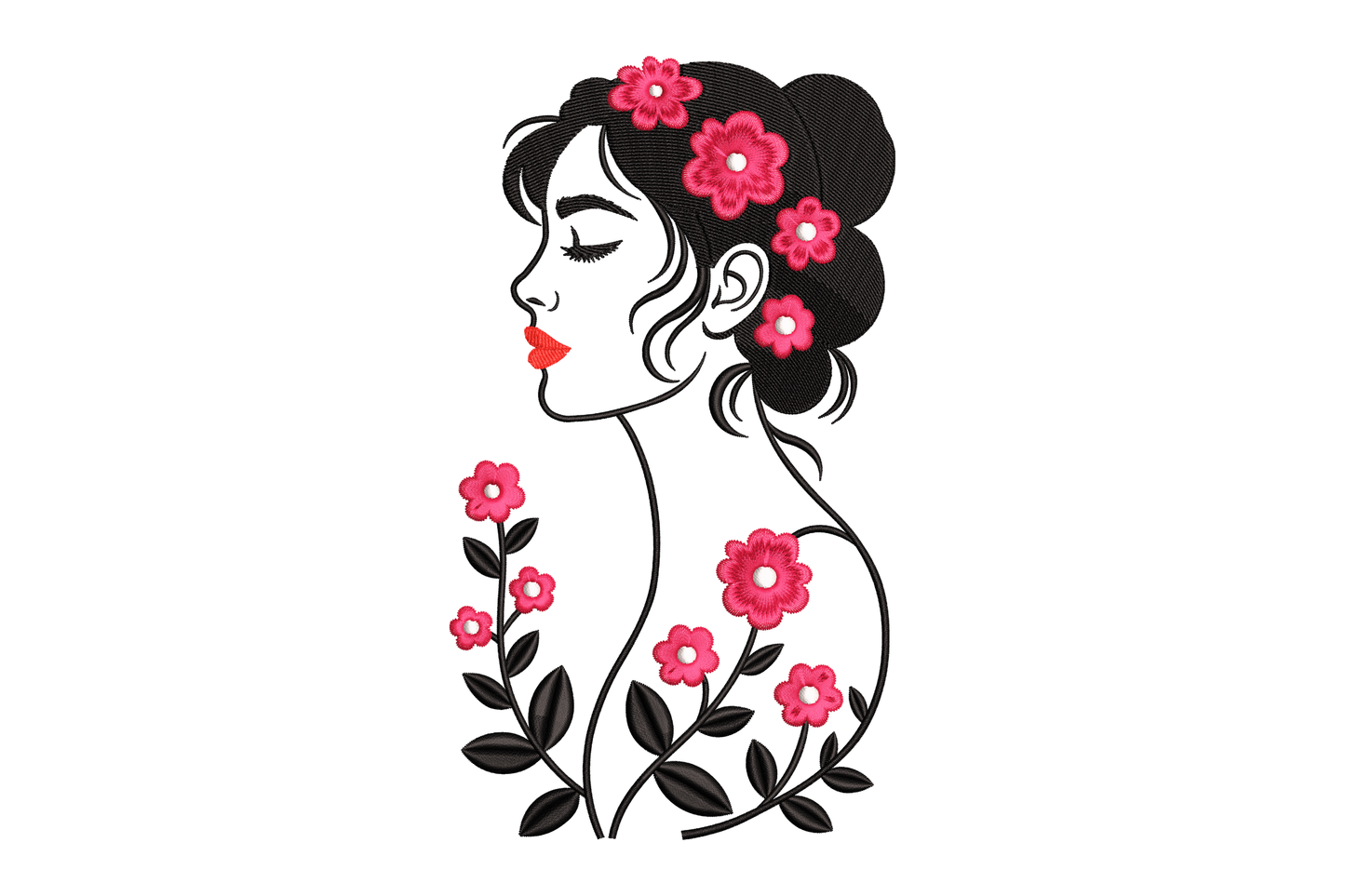 Silhouette of a woman with flowers in her hair on a white background