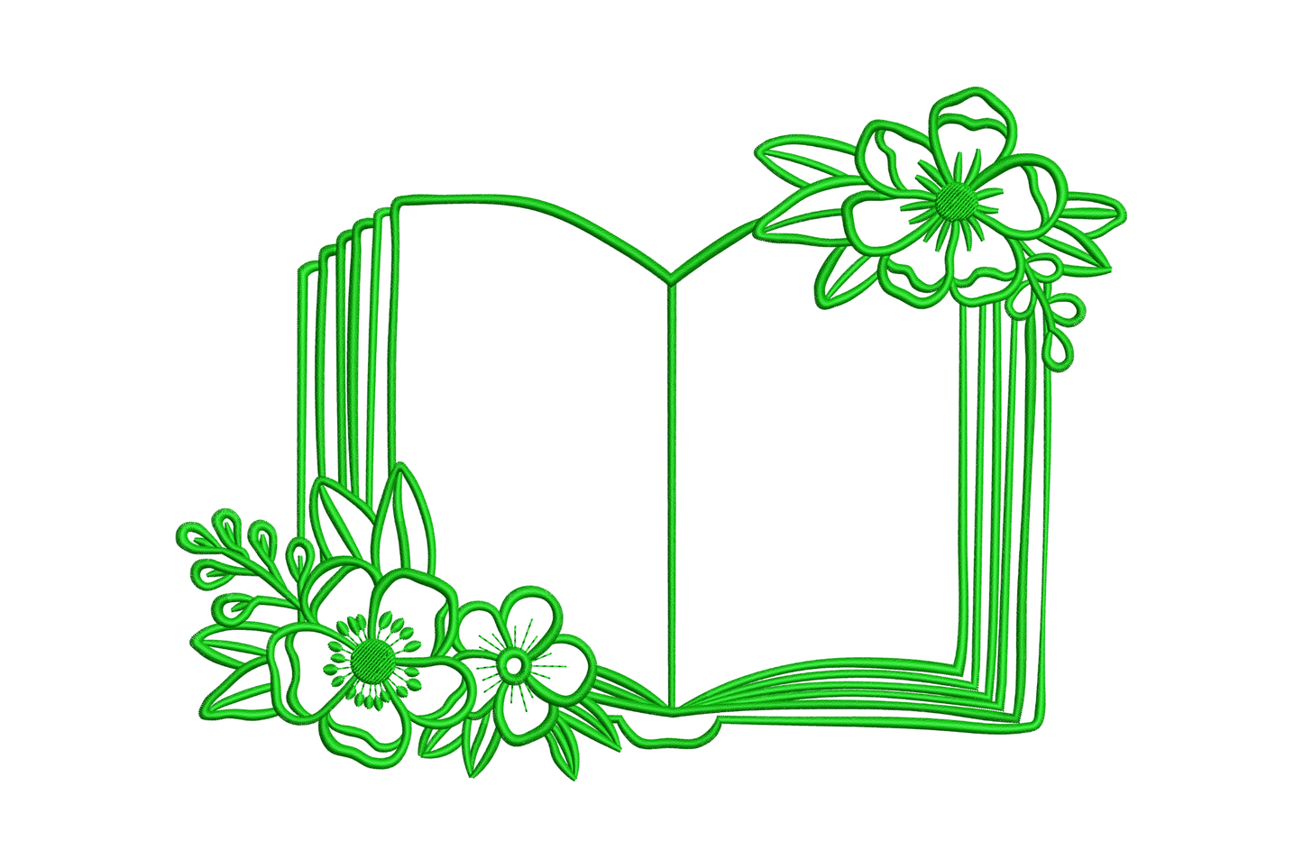 Open book with anemone floral clusters at two corners embroidery, single dark green thread, botanical literary style.