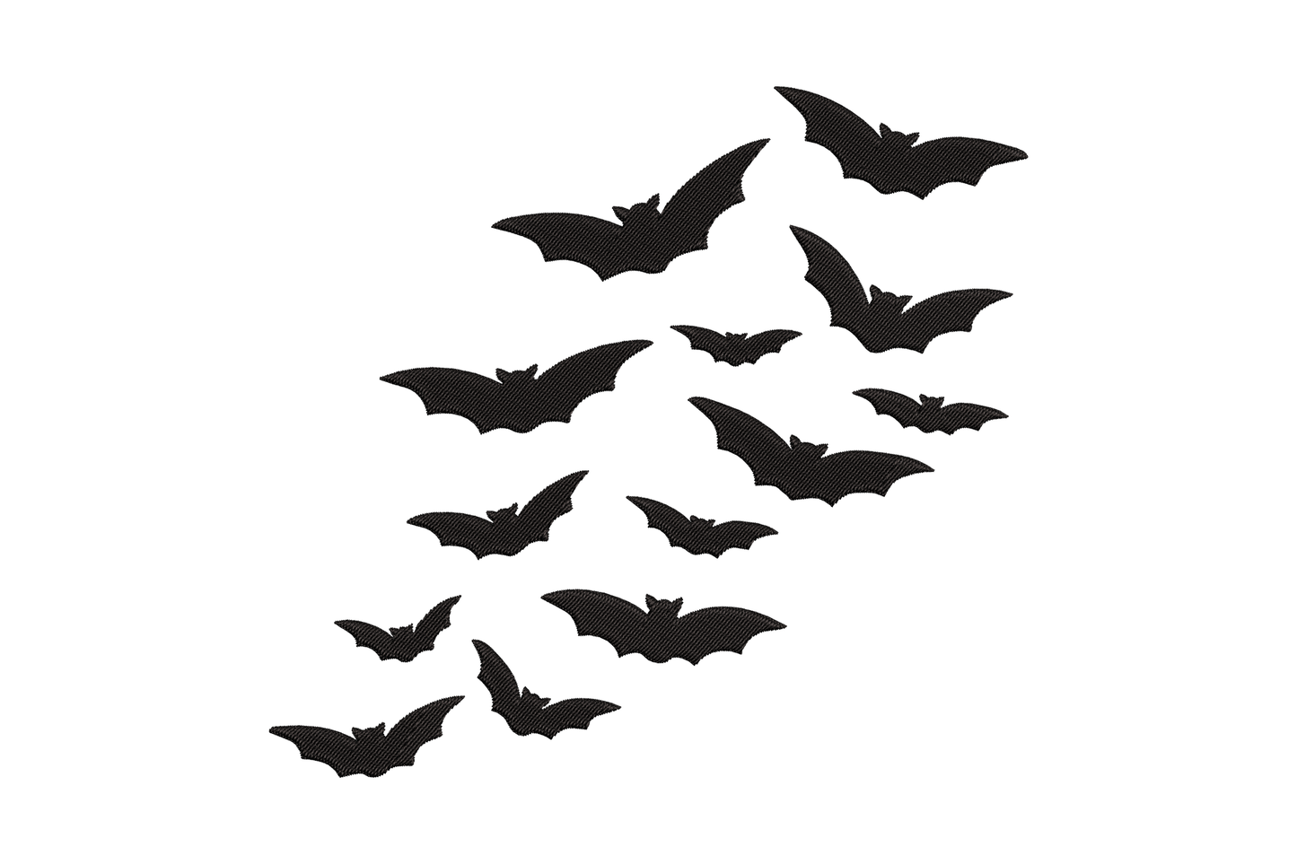 Machine embroidery design of elegant flying bat silhouettes scattered in flight, Halloween gothic atmosphere, single colour