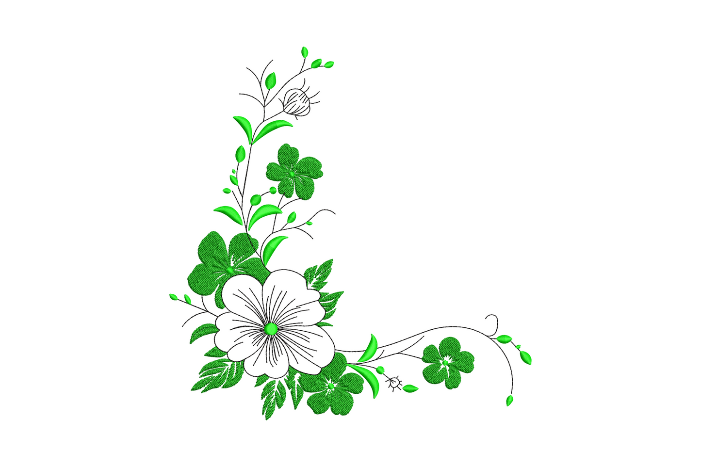 Elegant green floral corner embroidery design, 3-colour botanical with large open five-petal flower and dark green clover blooms
