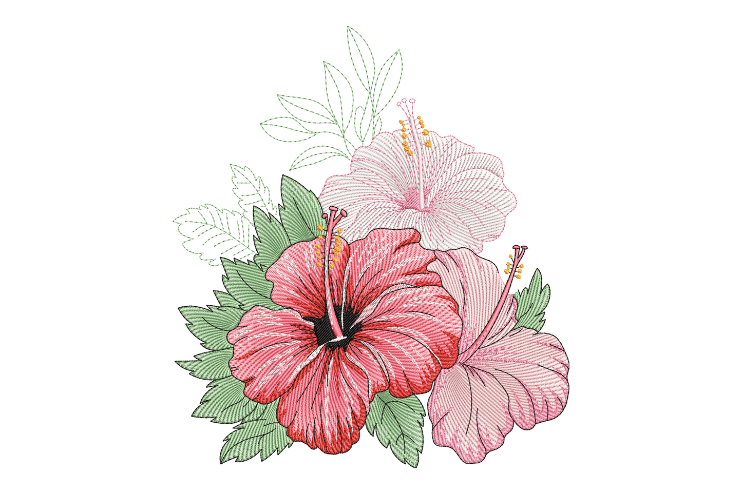 Hibiscus embroidery design, botanical line-art two blooms with leaves, pink rose and sage green, 8 colors.