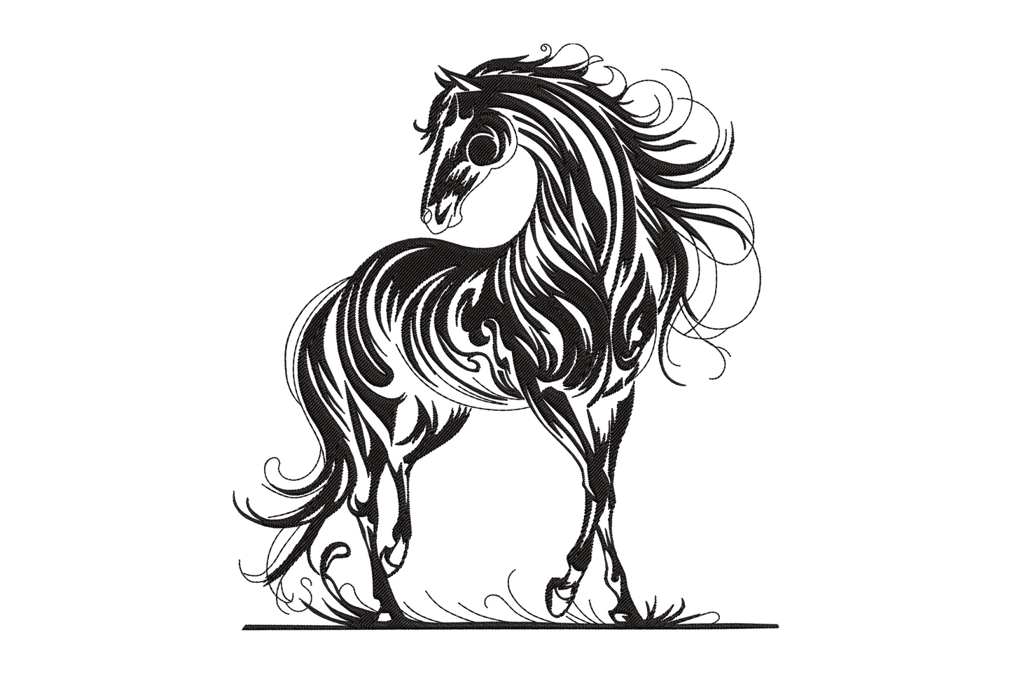 Prancing horse embroidery, black ink style, flowing mane, feathered legs, directional satin fill, single black thread.