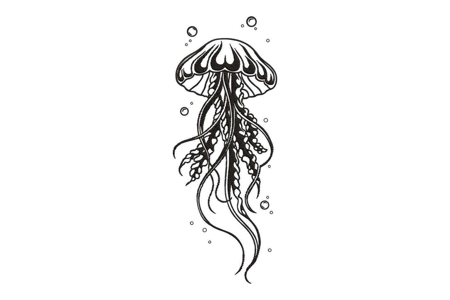 Black single-colour jellyfish embroidery design with ornate bell cap, long trailing tentacles with lacy feathery fringe branches and small scattered bubble circles.