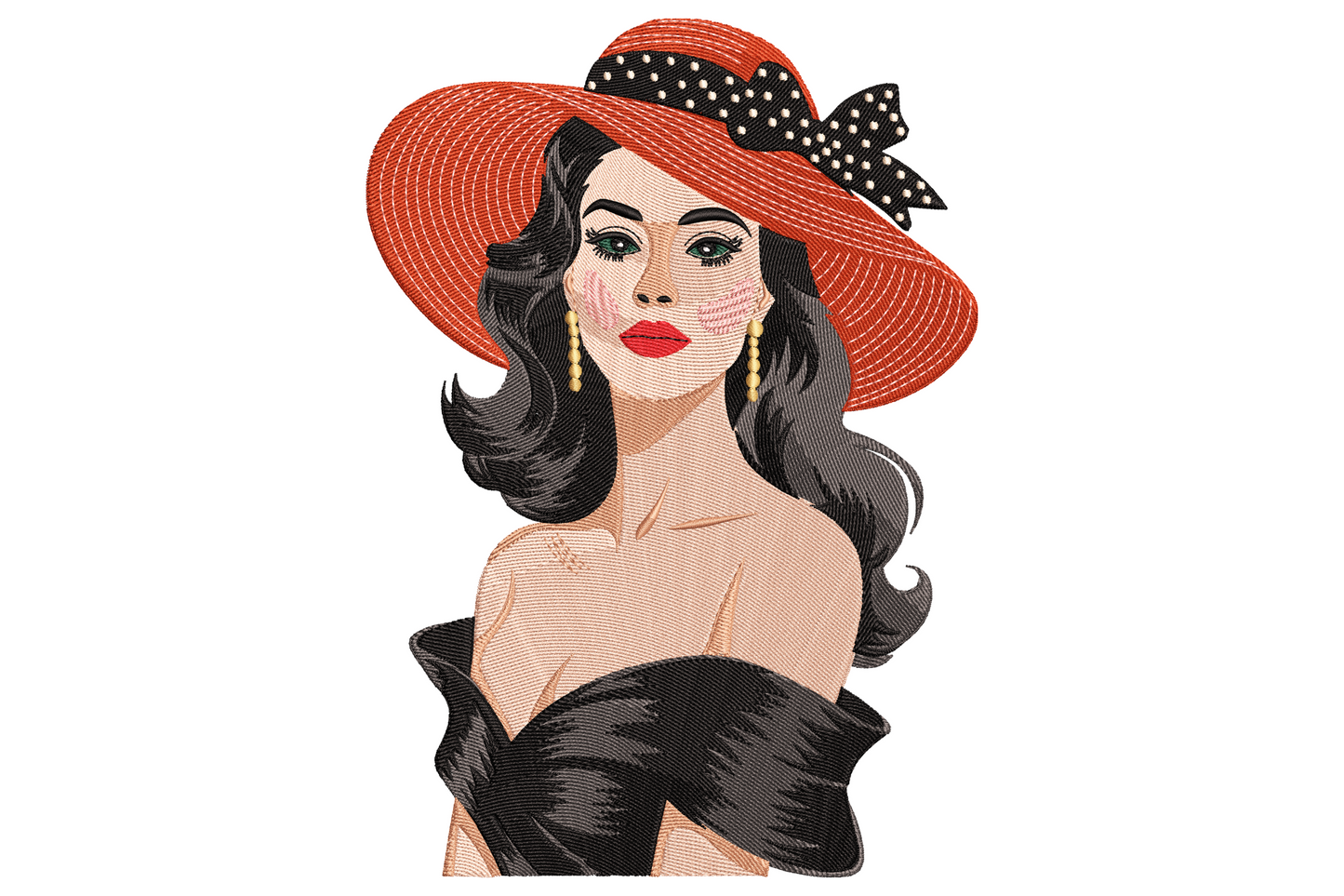 Elegant lady in wide-brimmed red hat fashion portrait embroidery, 12-colour detail, couture illustration style.