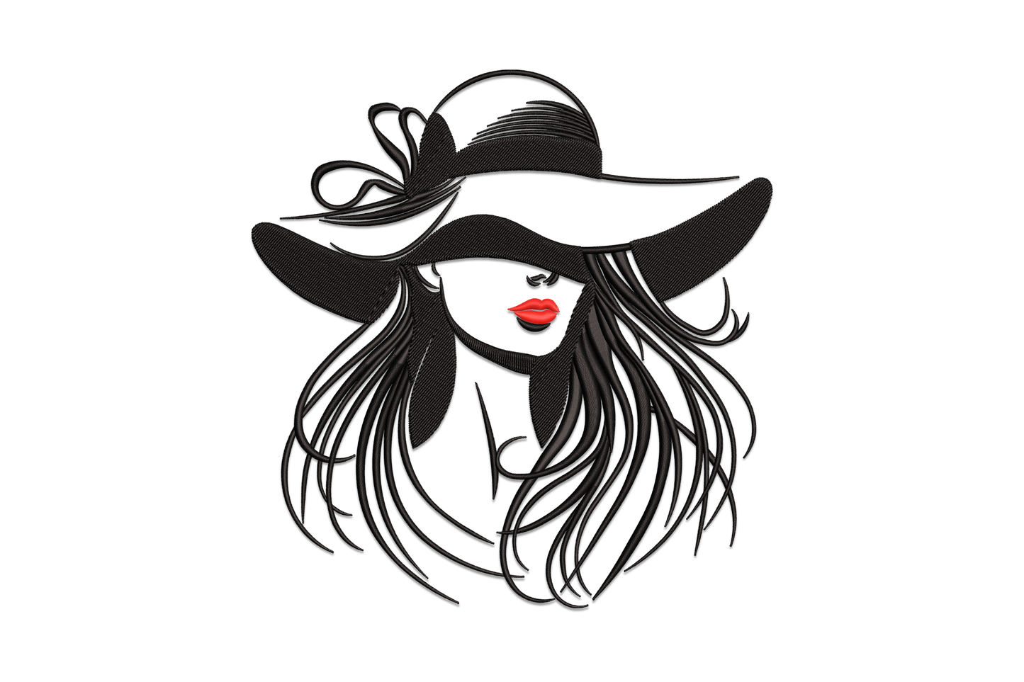 Elegant fashion lady with wide brim hat and red lips embroidery design, black silhouette with flowing hair, machine embroidery.