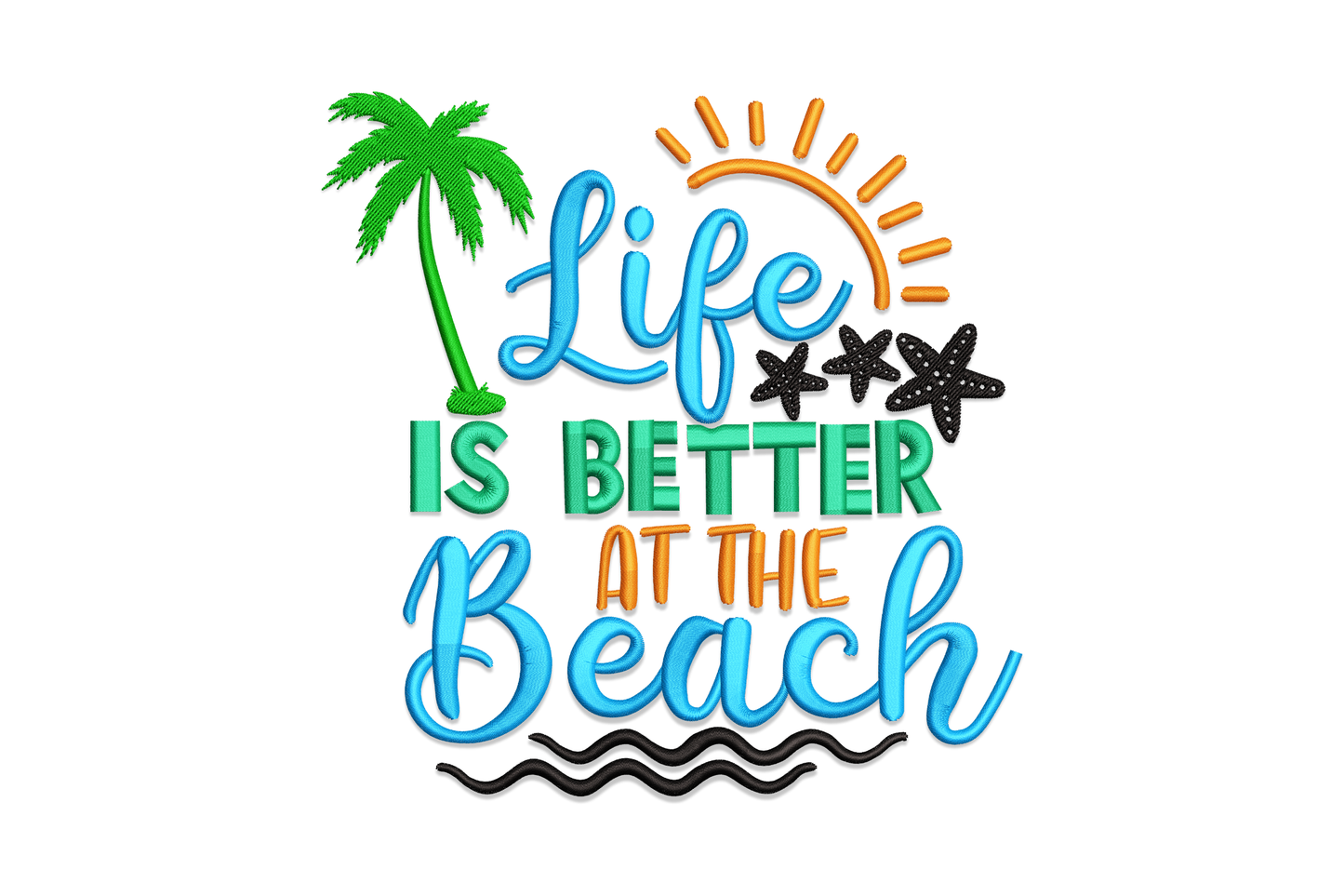 Elegant life is better at the beach embroidery design with teal cursive script, orange accents and red starfish with white dot detail.