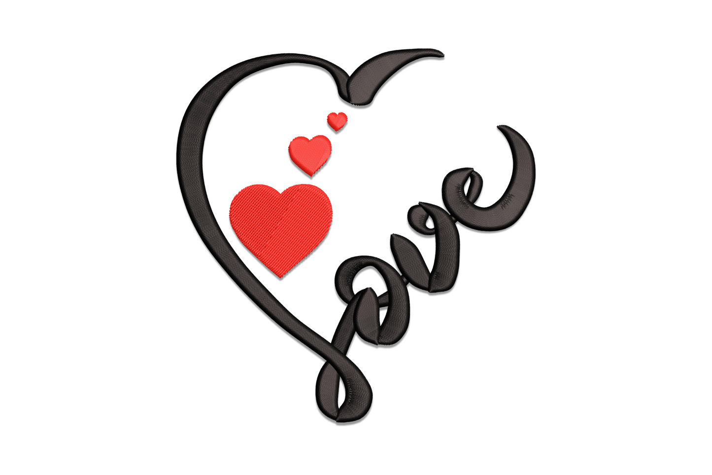 Elegant love embroidery design with calligraphy heart outline flowing into script, two small red hearts inside.