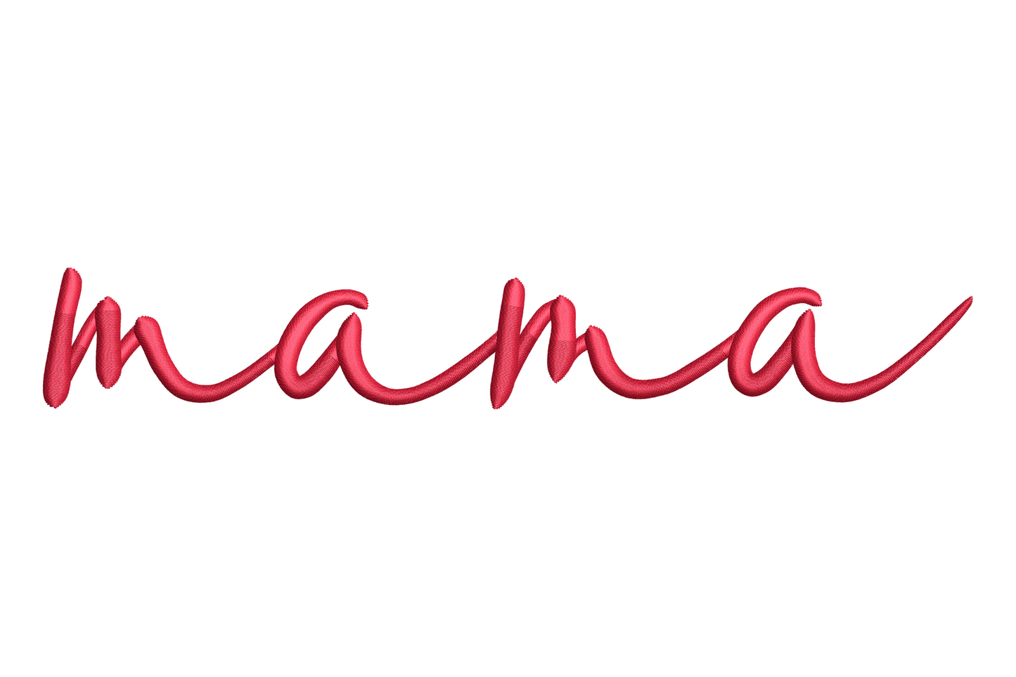 Cursive mama script embroidery in flowing lowercase, warm raspberry red, single color, slim connected letterforms on white.