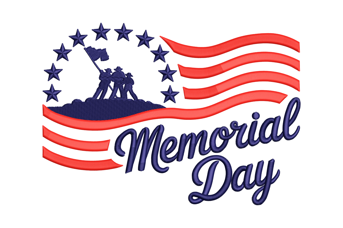 Memorial Day logo with American flag and three soldiers holding flags embroidery design