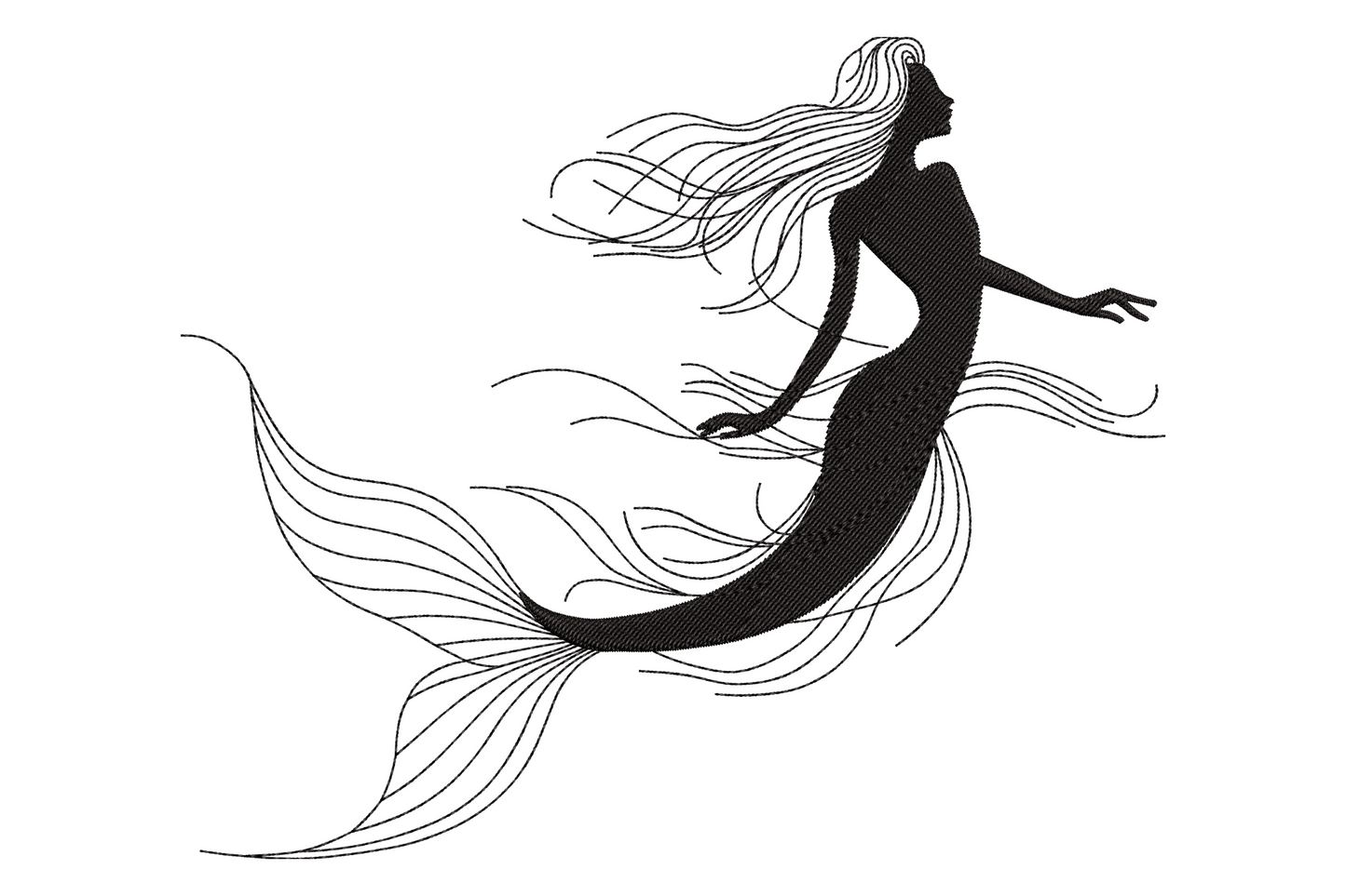 Elegant mermaid silhouette embroidery design in black, flowing hair streaming back, arms forward, wide fan tail.
