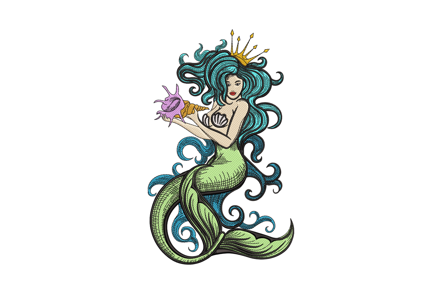 Elegant mermaid embroidery design with teal scale tail, coral seashells, and bronze hair in art nouveau style on aqua canvas tote fabric.
