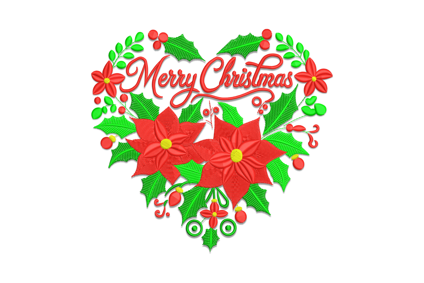 Elegant Christmas heart wreath embroidery with botanical holly, berries, pine stems and flowers arranged in a heart shape with Merry Christmas lettering