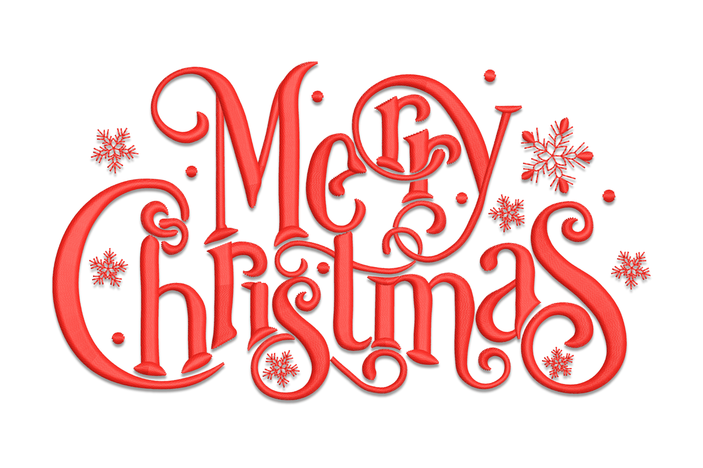Swirling red Merry Christmas script with snowflakes and vine details, single colour holiday word art embroidery