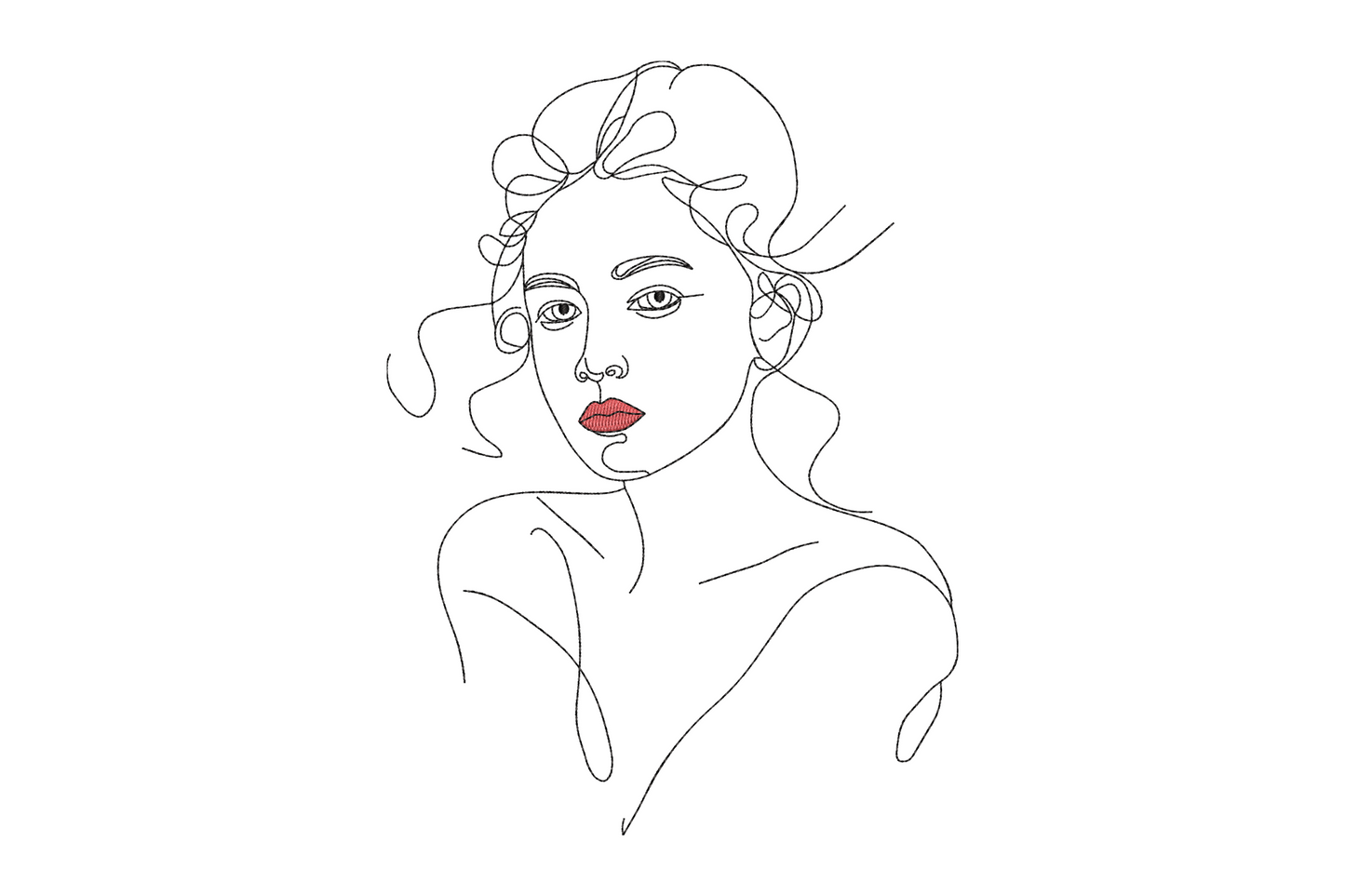 Minimalist one-line style woman face portrait embroidery design in black thread with red lip detail