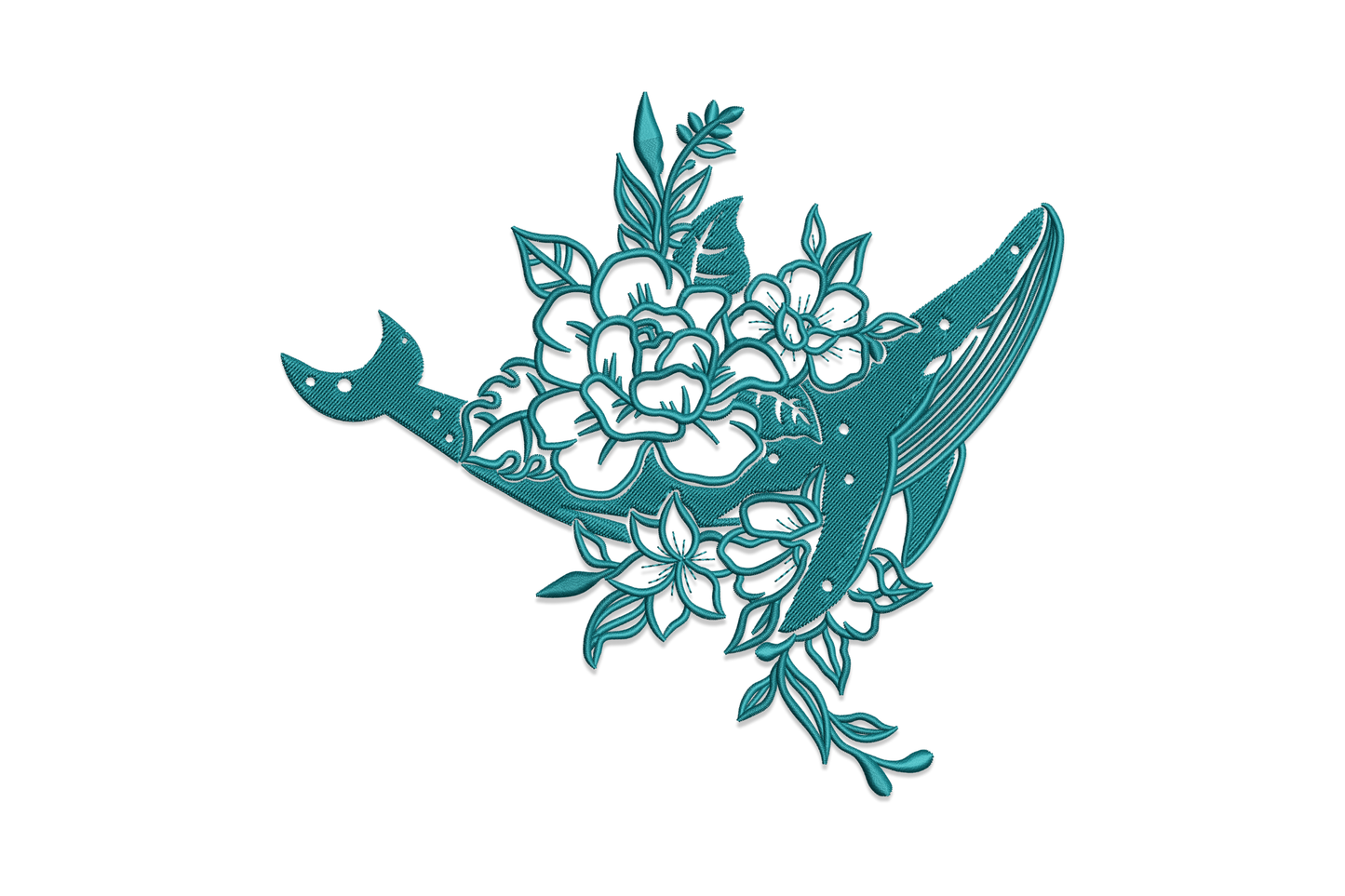 Teal single-colour whale embroidery with large open peony blooms and botanical leaf sprays over the whale body.