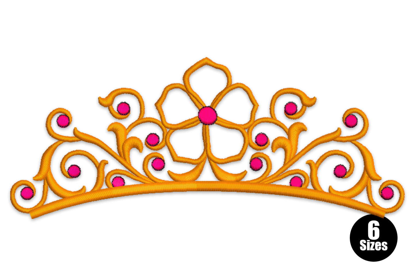 Elegant princess tiara embroidery design with gold scrollwork arms, central flower and hot pink gem dots on a curved band.