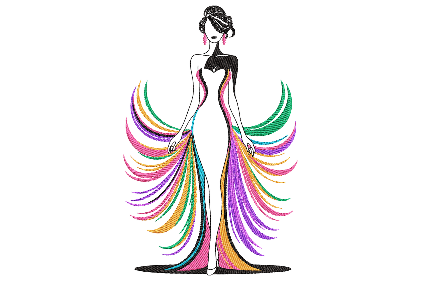 Rainbow dress lady embroidery design, silhouette woman holding a flowing gown that fans into seven streaming colour ribbons.