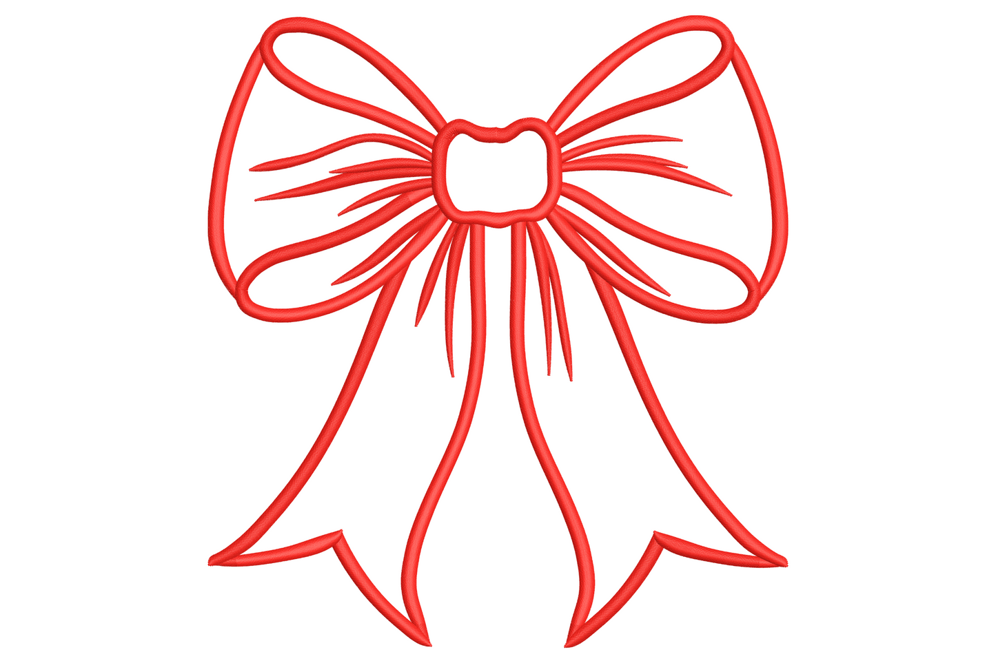Elegant ribbon bow embroidery design with looped satin-outline wings, knotted centre and trailing tails in red thread.