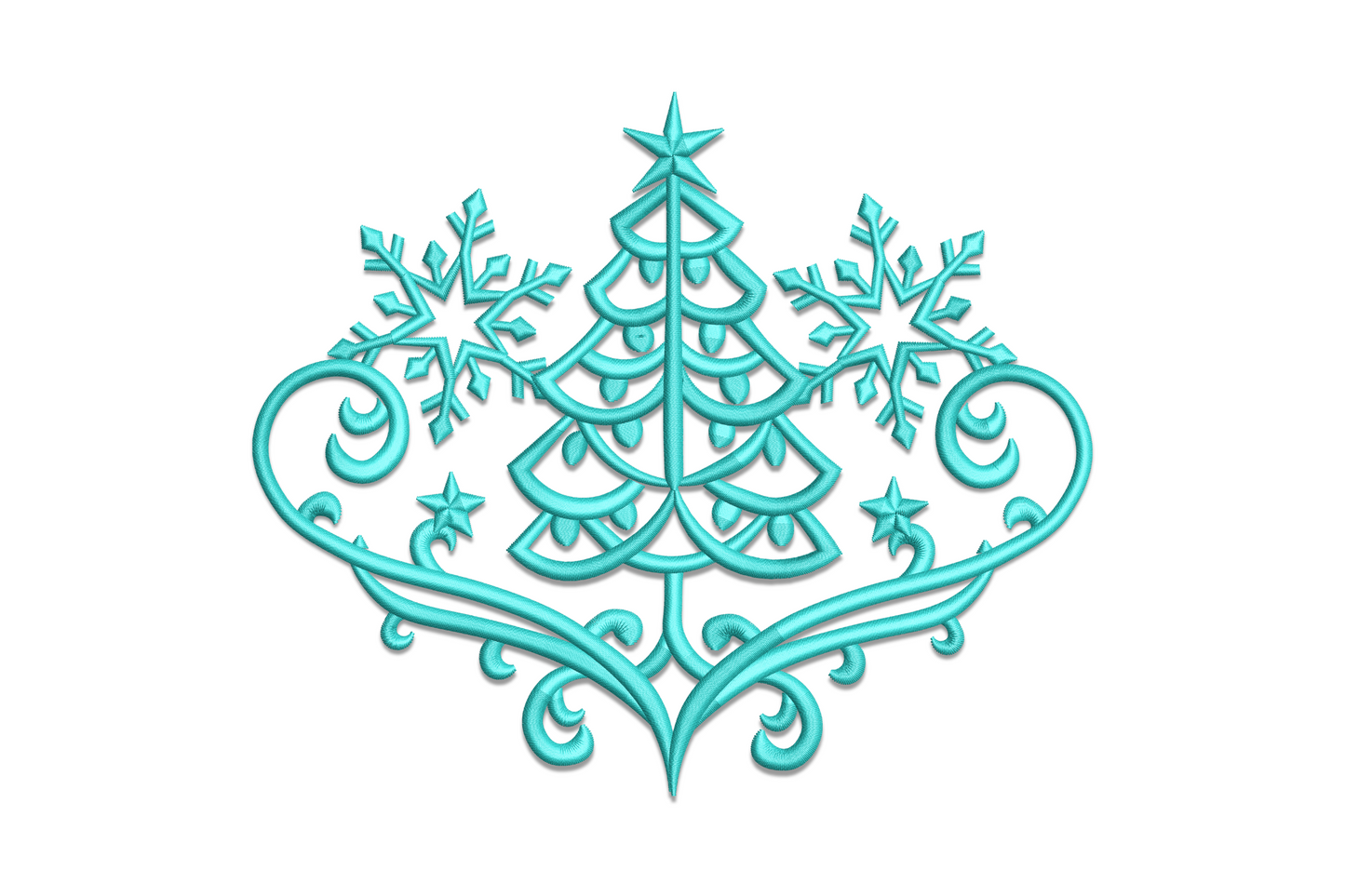 Elegant aqua christmas tree embroidery, damask tree with star top, flanking snowflakes, baroque scrollwork base.