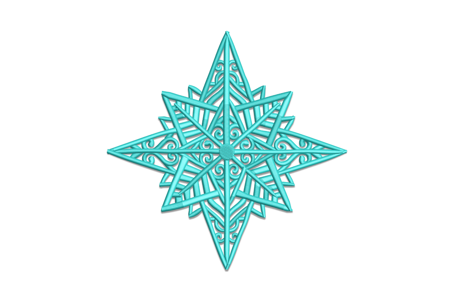Filigree snowflake star embroidery in aqua teal. Open lattice interior with scrollwork curls, single color, 5 sizes.