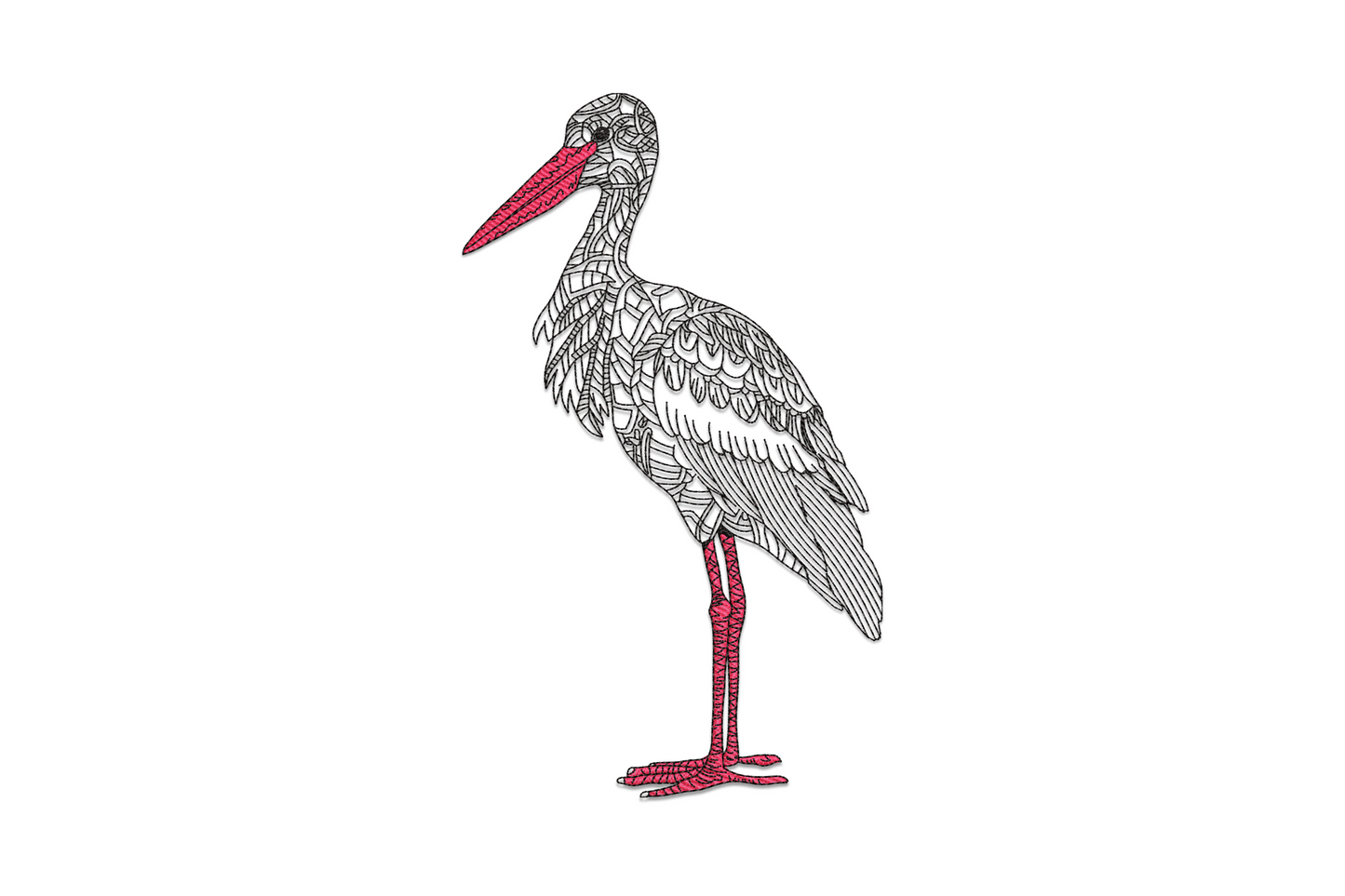 Elegant stork line art embroidery design, full-body profile with zentangle body fill, black and red on white background.