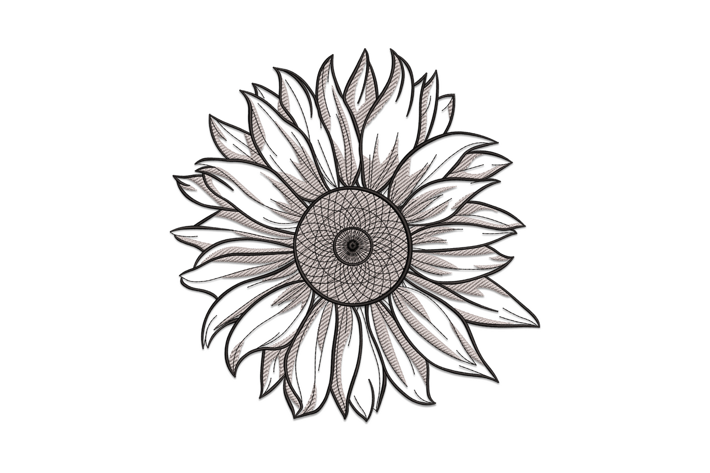 Elegant sunflower embroidery design in vintage engraving style, monochrome black and grey, with dense crosshatch centre disc and parallel-shaded layered petals.
