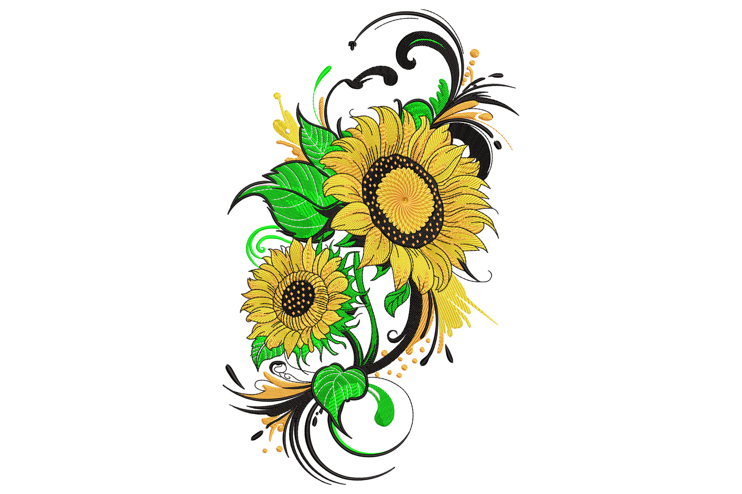 Elegant sunflower vine embroidery design with three golden sunflower blooms, sage leaves, tiny buds and a curling green stem.