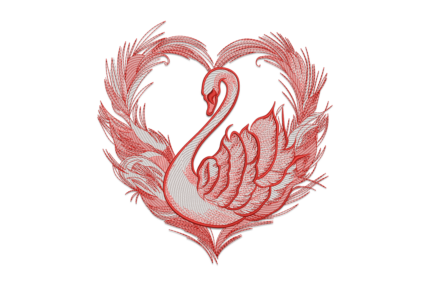 Elegant swan heart machine embroidery design, two swans facing each other with necks forming a heart shape in ivory, gold and teal