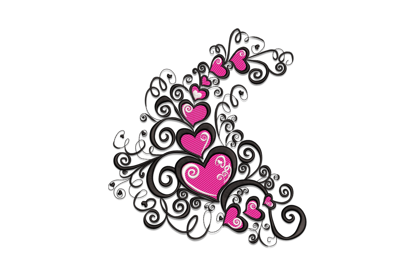 Elegant swirl hearts embroidery design with hot pink filled hearts and dense black scrollwork on white fabric