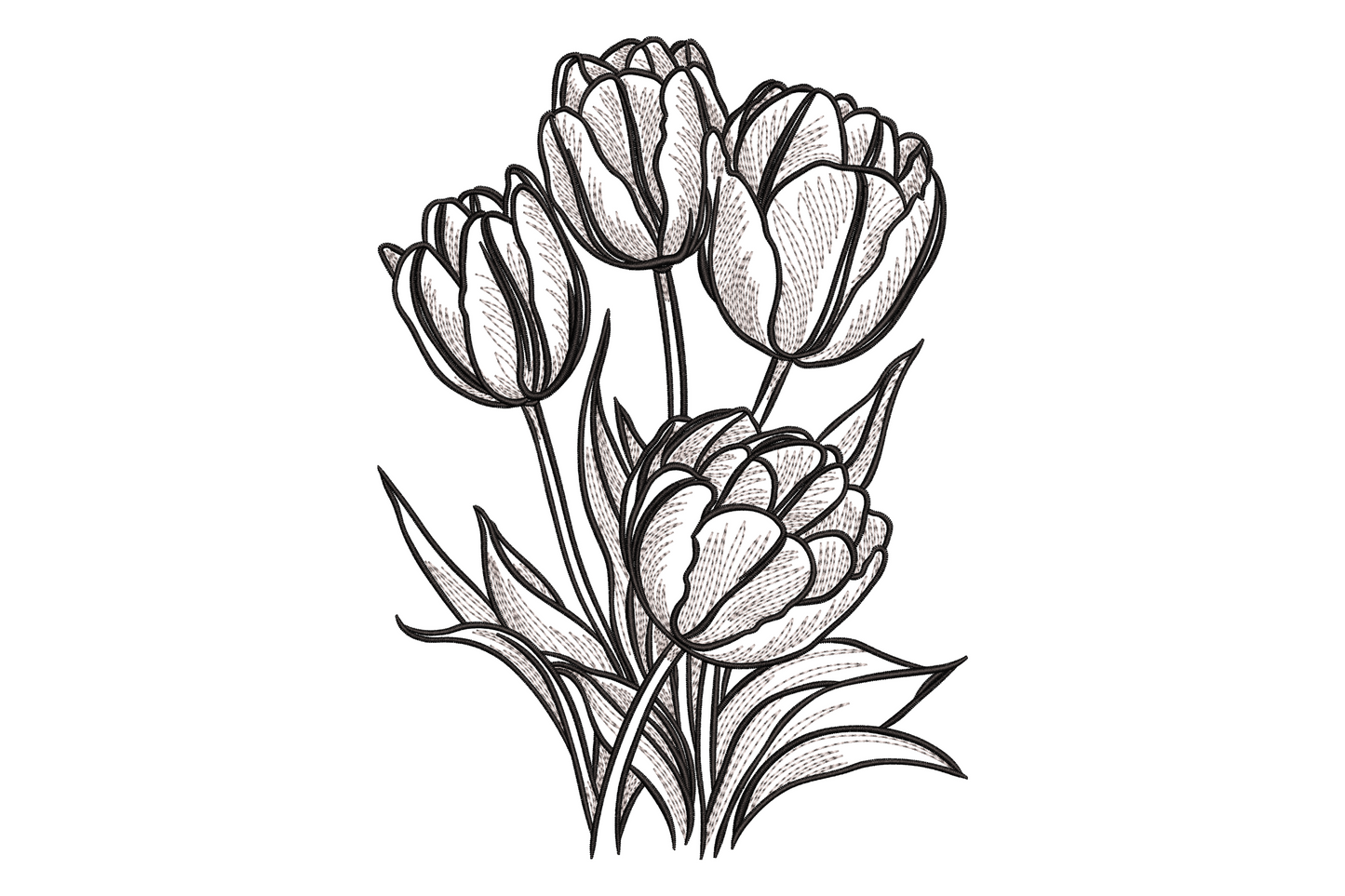 Elegant tulip flower bouquet embroidery design, five cupped tulips with hatched botanical linework, 2 colors, 9 sizes