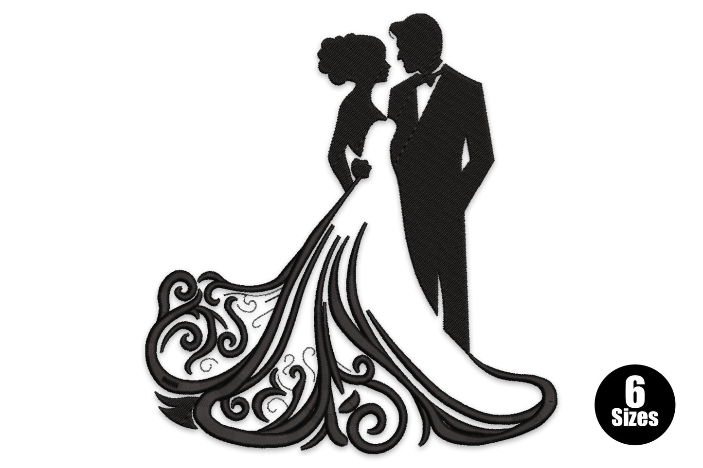 Wedding couple silhouette embroidery design with solid black bride and groom and ornate scrollwork dress train.