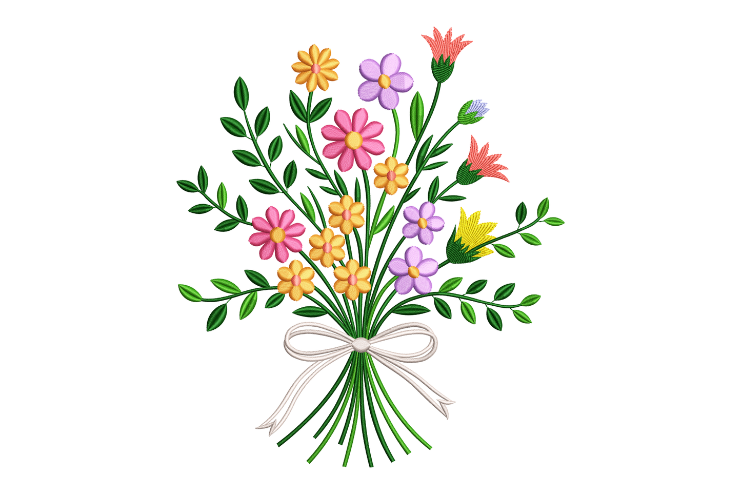 Bouquet of colorful flowers with a white ribbon on a white background