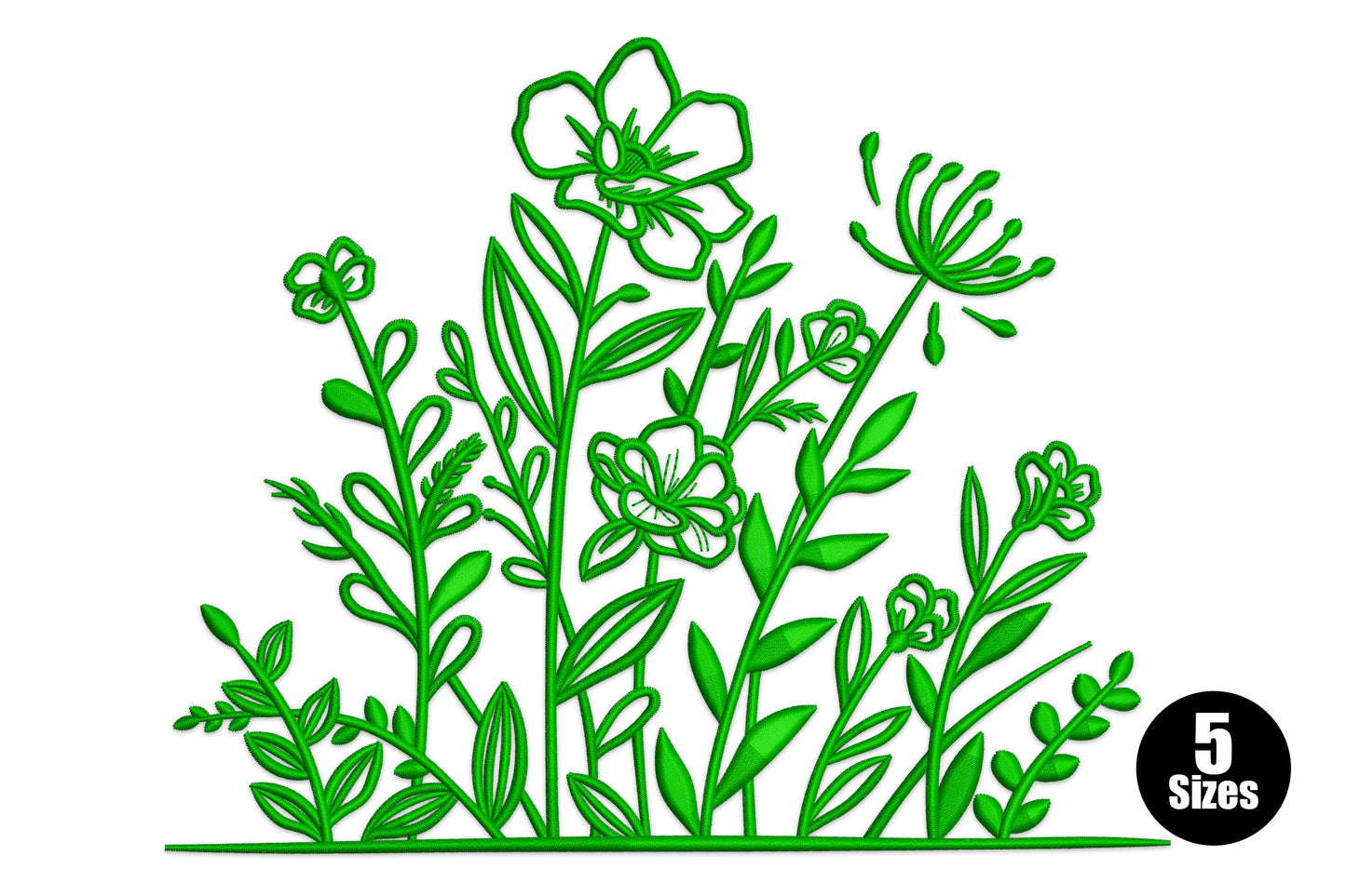 Wildflower garden border embroidery design with poppies, daisies and grass stems, single colour satin outline, 5 sizes