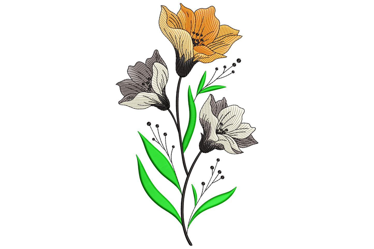 Embroidery design of a tall wildflower stem with orange poppy grey filler blooms green leaves and ink sketch accents