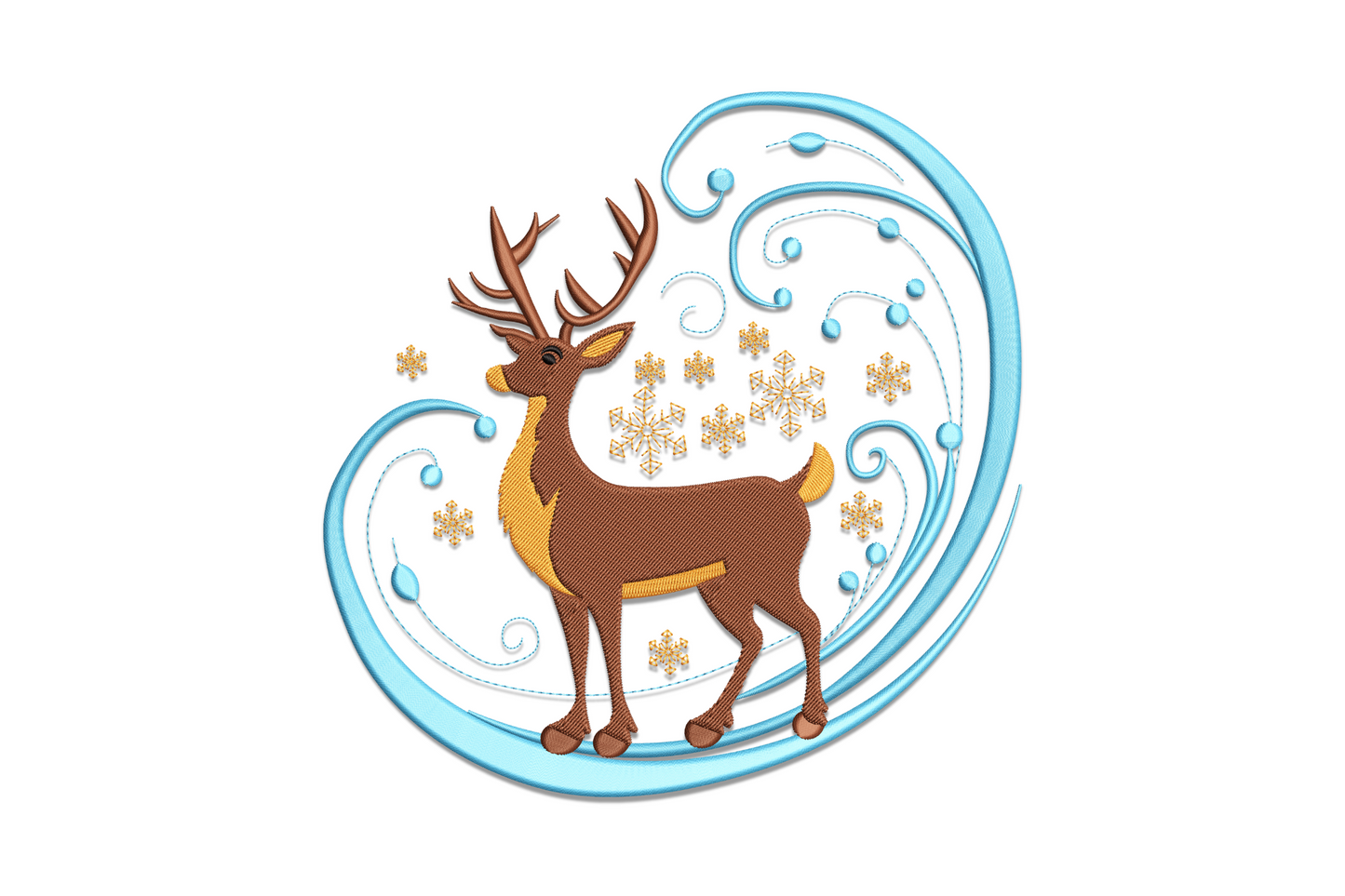 Elegant winter reindeer embroidery design, brown stag with antlers in a sky blue ribbon with orange snowflakes.