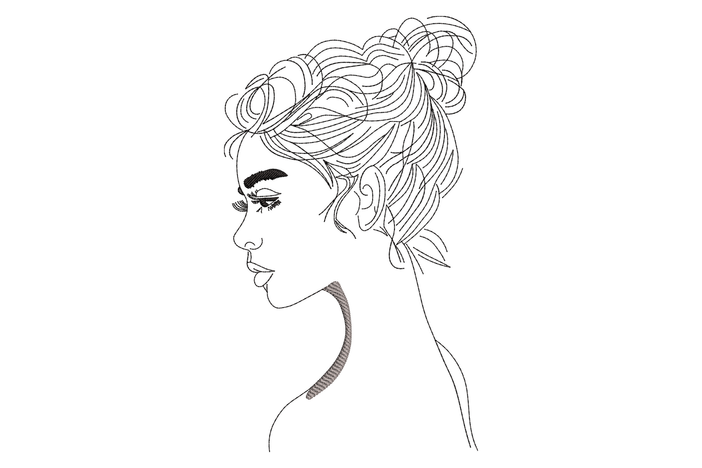Elegant woman face line art embroidery, side profile with loose hair bun, pure outline stitching in black on white fabric.