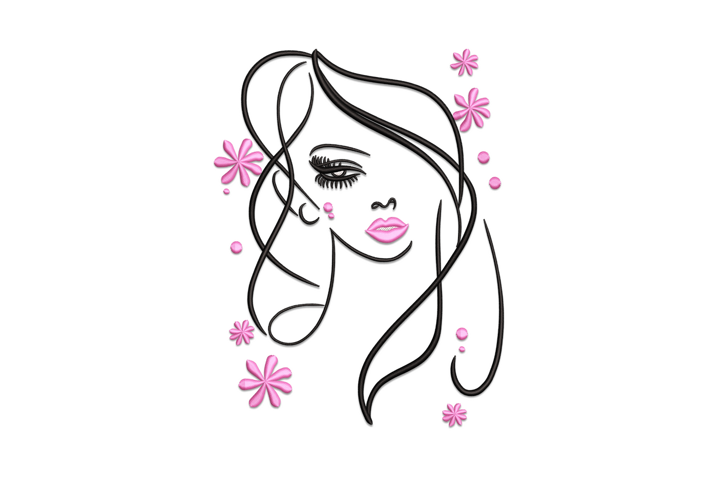 Elegant woman face line art embroidery design, side profile in bold black satin with pink daisy florets, machine embroidery.